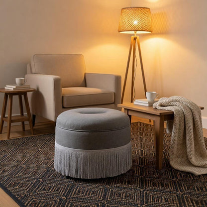 Round Storage Ottoman With Tassel, Decorative Accent Pouf For Living Room