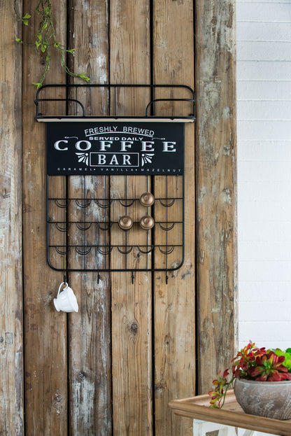 Floating Coffee Bar Shelf With Coffee Pod Holder, Hooks And Storage Shelf - Black