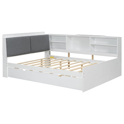 Platform Bed With Trundle, Shelves, And Storage Headboard
