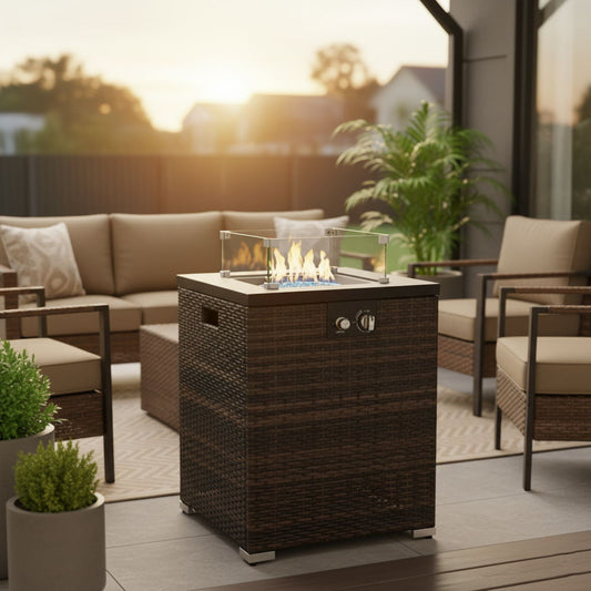 Propane Gas Square Fire Pit, Tile Tabletop With Beautiful Wicker Base For Outside
