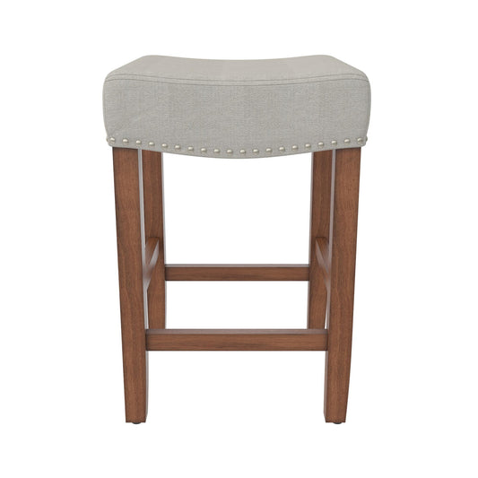 Upholstered Counter Height Bar Stool With Brass Nailhead Trim - Beige / Brown