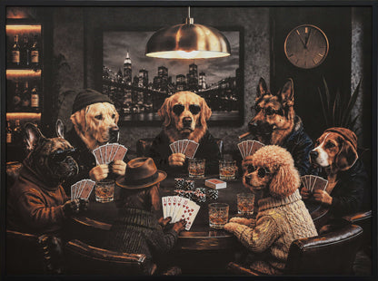 The Canine Card Club - 48 X 36 - Hand-Embellished Canvas In Frame - Black, Brown, Amber