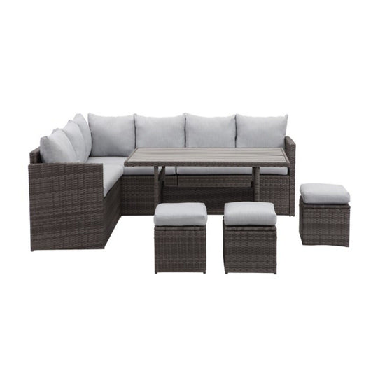 7 Piece All Weather Patio Dining Set With Cushions, Sectional Sofa, Ottomans & Table For Backyard - Gray / Brown