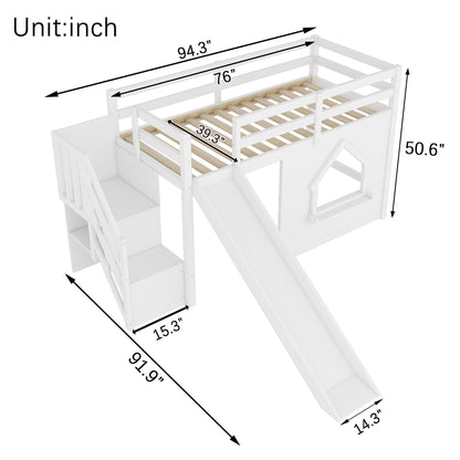 Loft Bed With Storage Stairs, Slide, Playhouse Window And 7 Colors LED Lights