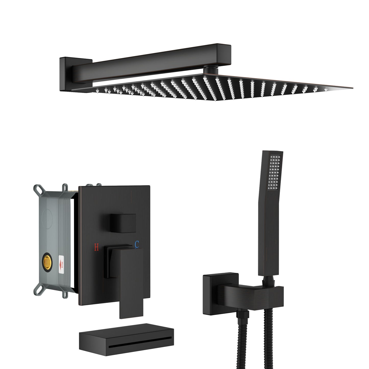 Square Shower System With Waterfall Tub Spout And Rough In Valve, Wall Mounted