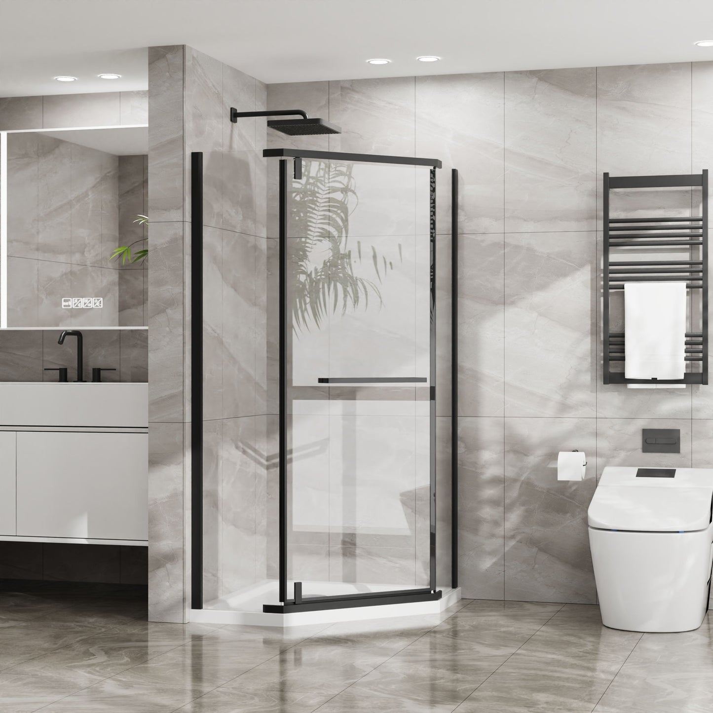 Neo Angle - Frameless Shower Door With White Acrylic Shower Base Combo - Matte Black