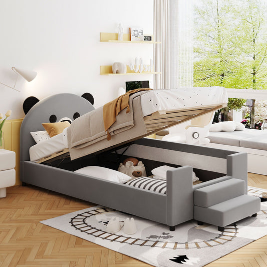 Upholstered Daybed With Bear Shaped Headboard, Hydraulic System And Breathable Fence