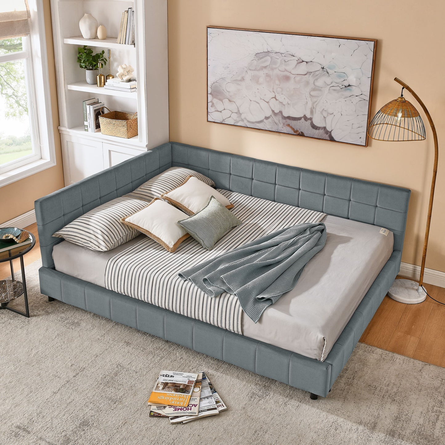 Mid-Century Storage Upholstered Tufted Bed Frame With Backrest And Armrests