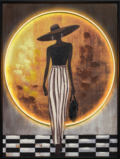 Amber Runway - 24 X 32 - Hand-Embellished Neon Canvas In Frame - Amber