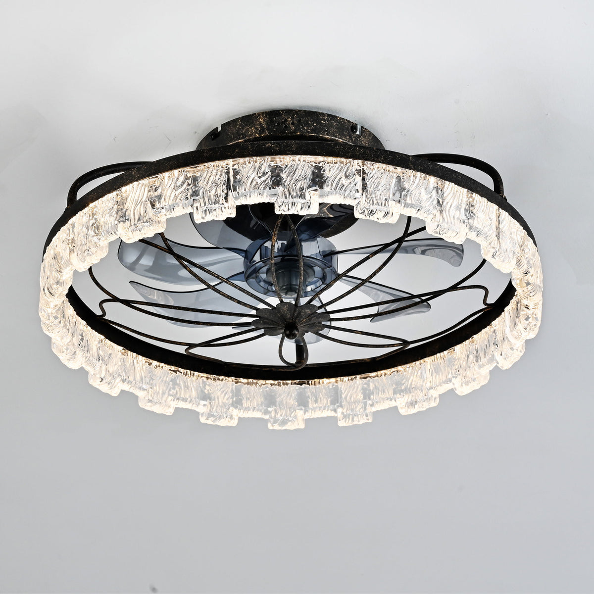21" Caged Ceiling Fan With Remote Controlled Acrylic LED Lights - Antique Black