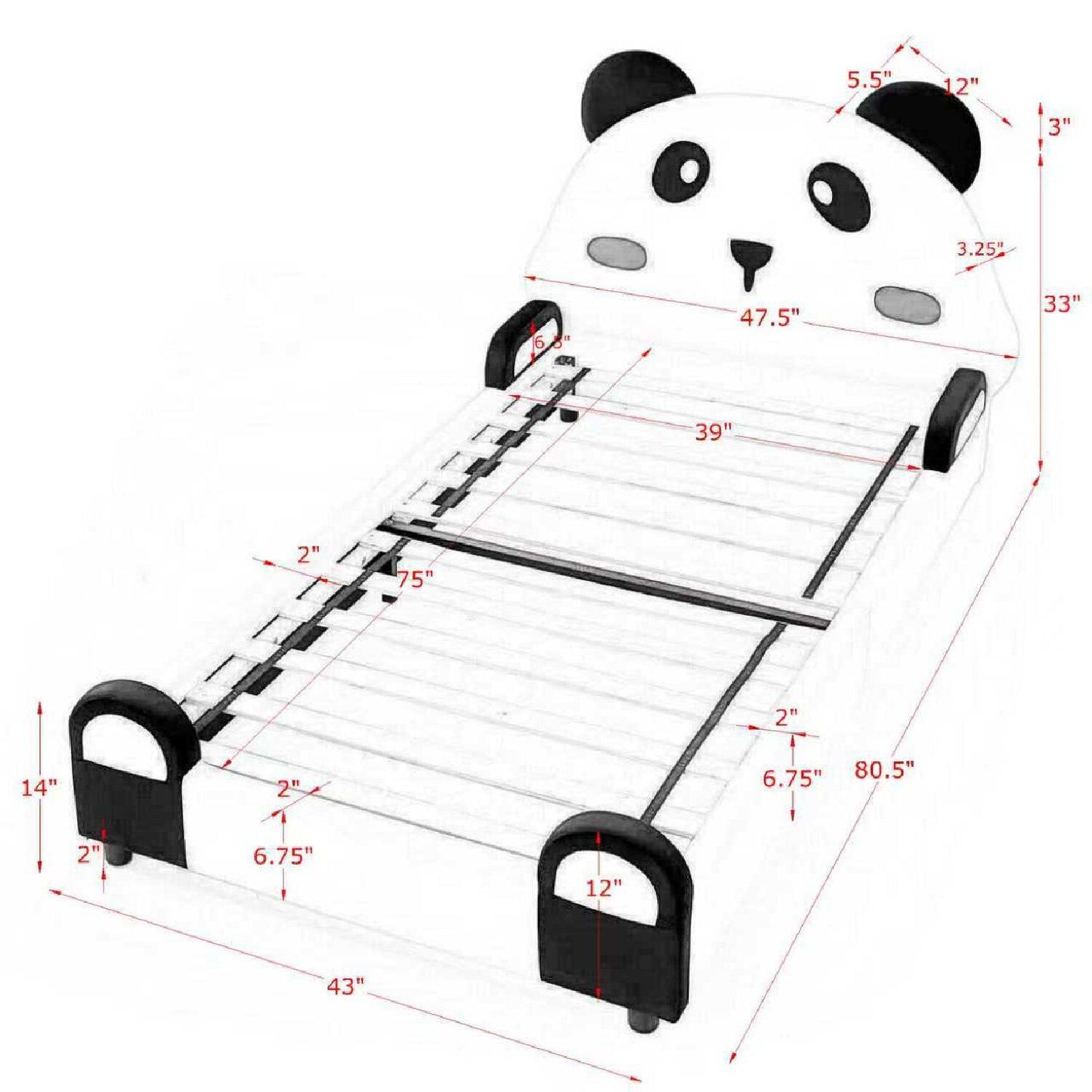 Twin Size Cute Panda Shaped Kids Bed - White / Black