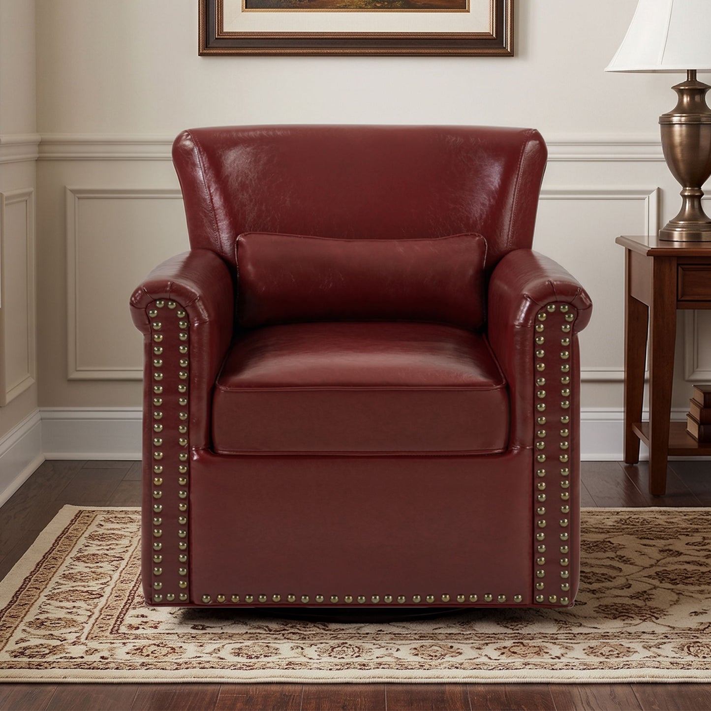 Swivel Accent Chair With Rolled Arm, Sewn Pillow Back, Nailhead Trim For Living Room