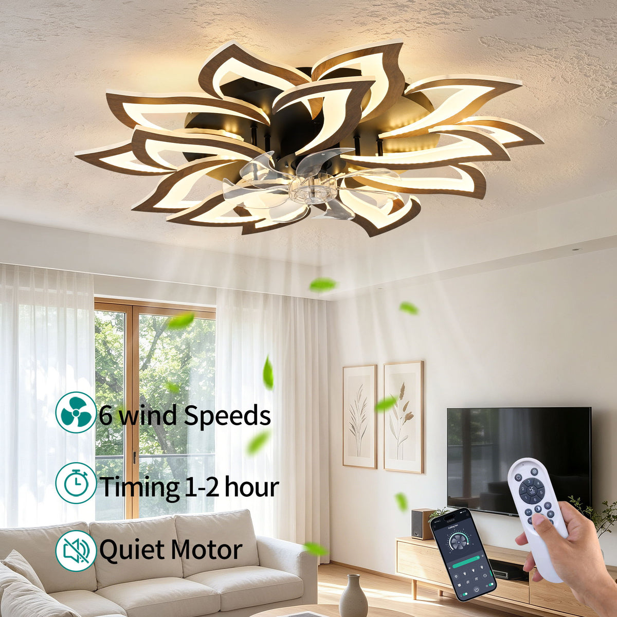 Ceiling Fan With Remote Control And Lights, 6 Speeds, 3 Color Temperatures, Low Profile Flush Mount