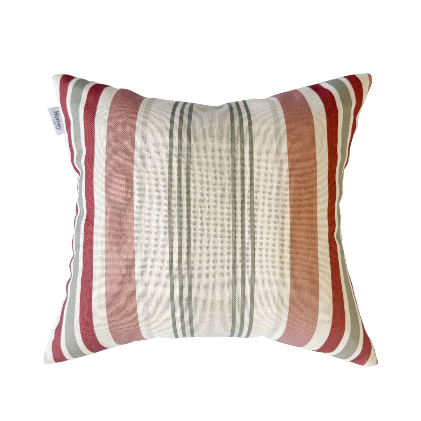 Striped pillow with red, beige, and gray colors on a white background