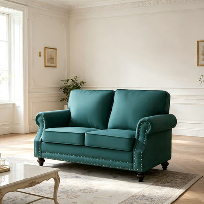 Loveseat Sofa With Nailhead Detail & Turned Legs, 2 Seater Upholstered Couch