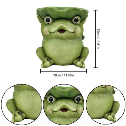 12'' Cute Frog Statue With Lotus Leaf Hat, Cartoon Animal Figurine Decor, Outdoor Garden Landscape Sculpture Ornament For Front Porch, Backyard Lawn, Patio, Walkway Home Decor