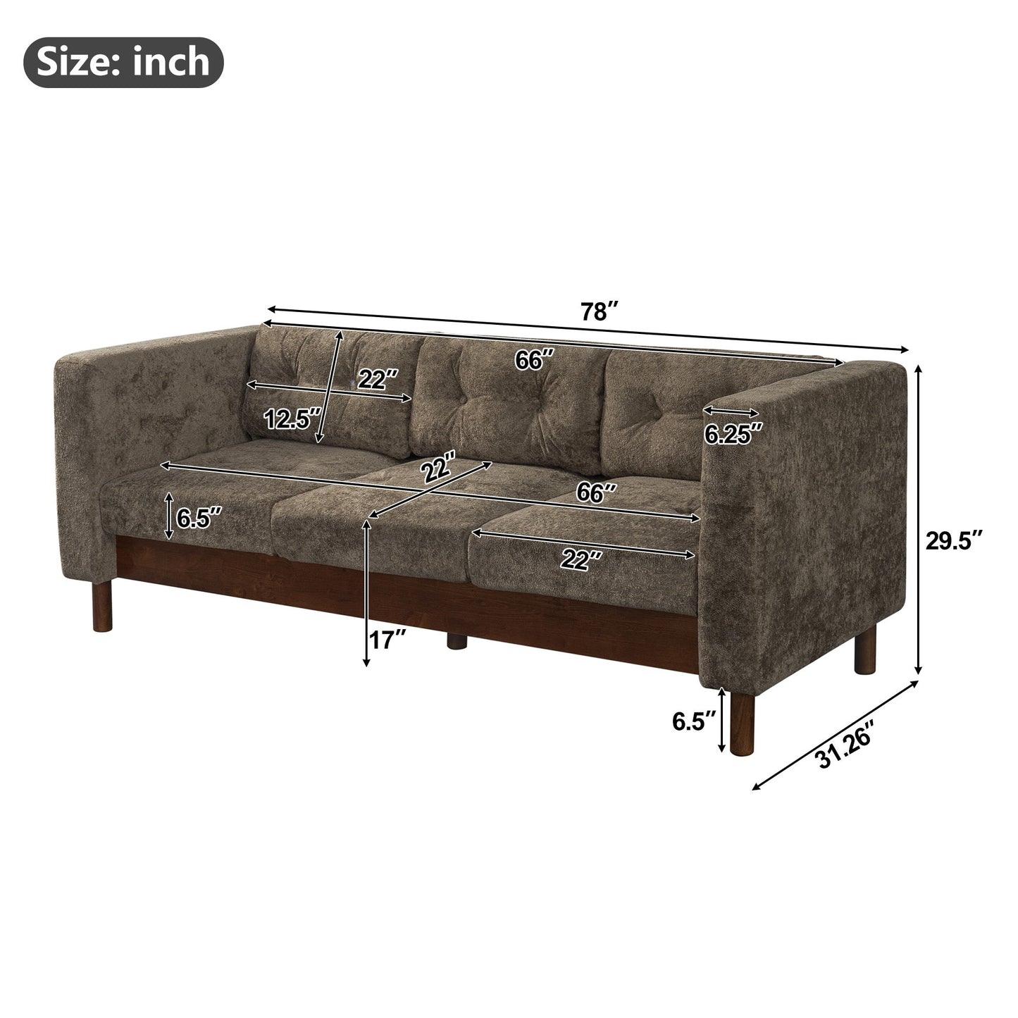 3 Seater Sofa With Square Arms, Tufted Pillow Back For Living Room