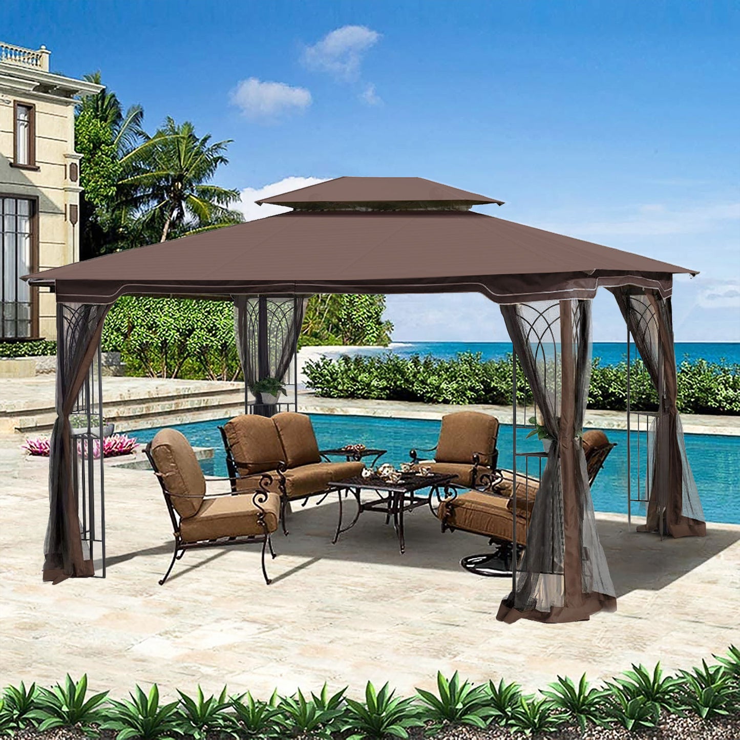 13 0 Outdoor Patio Gazebo Canopy Tent With Ventilated Double Roof And Mosquito Net (Detachable Mesh Screen On All Sides) Suitable For Lawn Garden Backyard And Deck Top - Brown