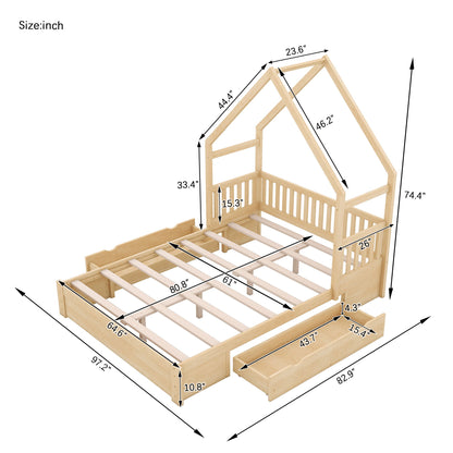 House Style Platform Bed With Guardrail And 2 Drawers