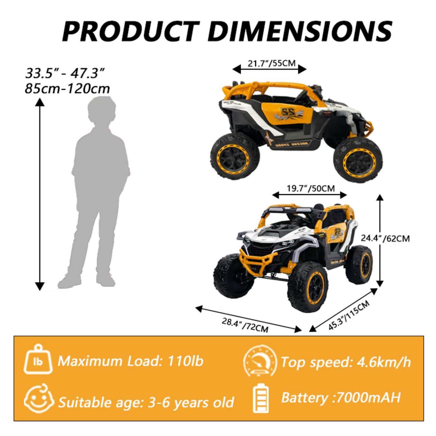 Ride On Models 12V Kids Electric Truck With Remote Control, Front & Rear Suspension, 2 Seater UTV, Flashlights, Music Player - Yellow / White