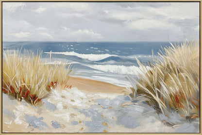 Beyond The Dune Grass - 47 X 32 - Hand-Embellished Canvas In Frame - Blue