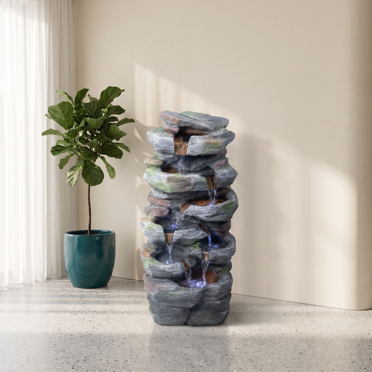 Rock Waterfall Outdoor Fountain With LED Lights - Gray