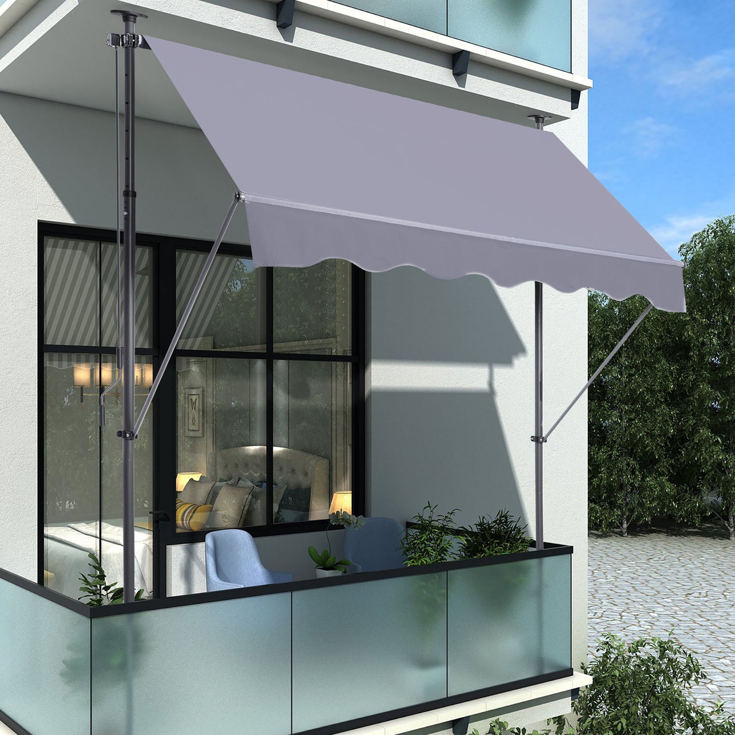 Manual Retractable Patio Awning, UV Resistant Sun Shade With No Drill Installation