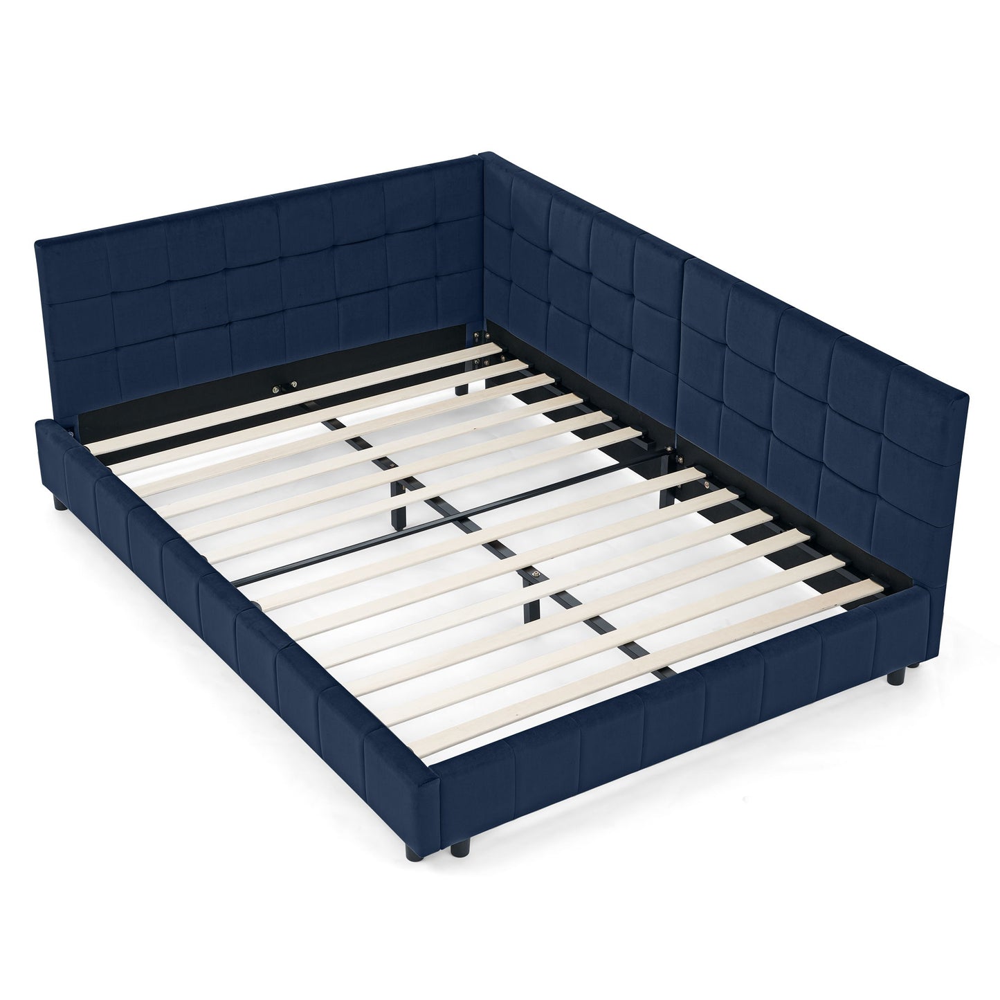 Mid-Century Storage Upholstered Tufted Bed Frame With Backrest And Armrests
