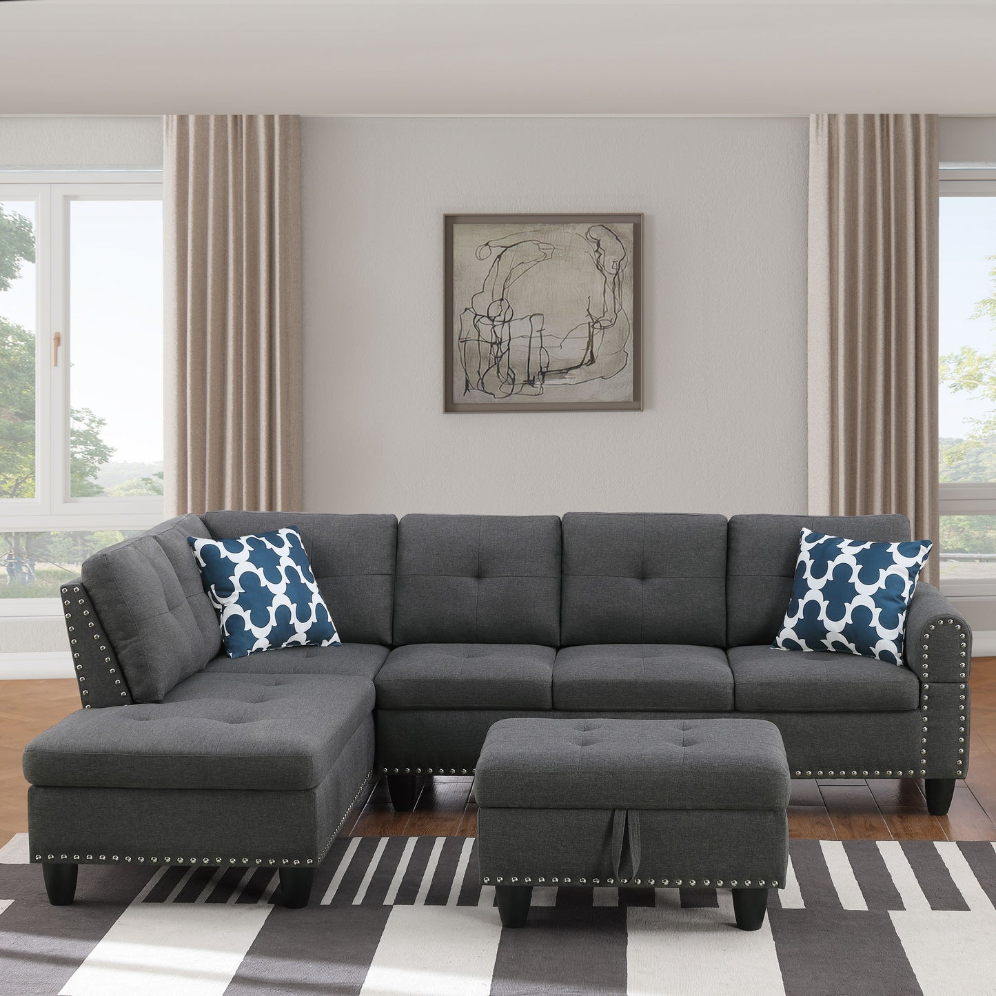 Alger - Left Hand Facing Sofa & Chaise With Ottoman - Dark Gray