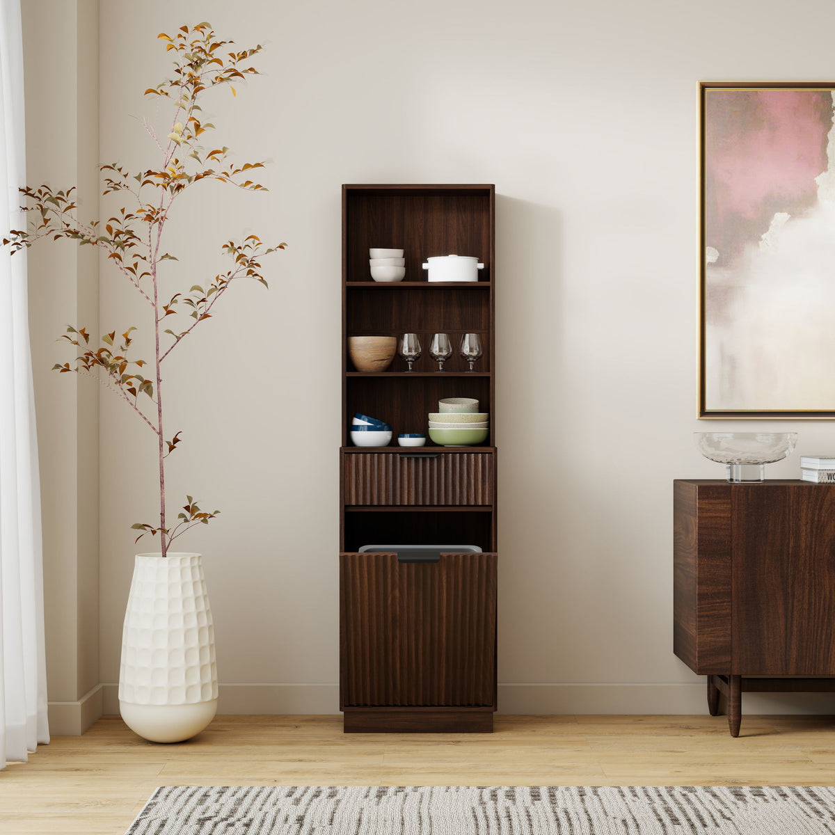 Tall Narrow Fluted Storage Cabinet With Trash Bin Compartment For Kitchen (Trash Can Not Included)