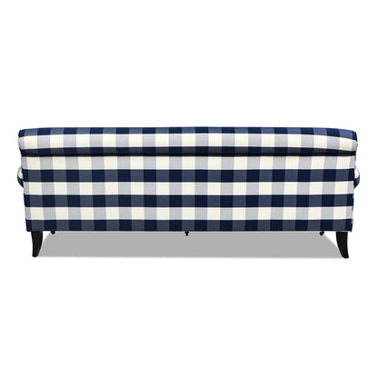 Sofa with blue and white checkered pattern on a white background