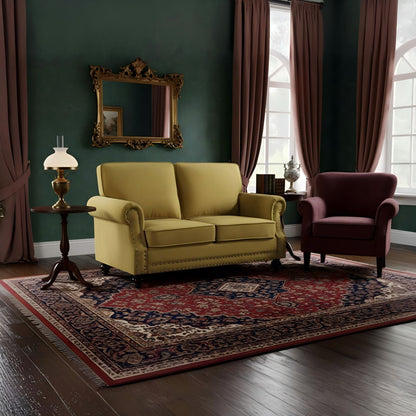Loveseat Sofa With Nailhead Detail & Turned Legs, 2 Seater Upholstered Couch