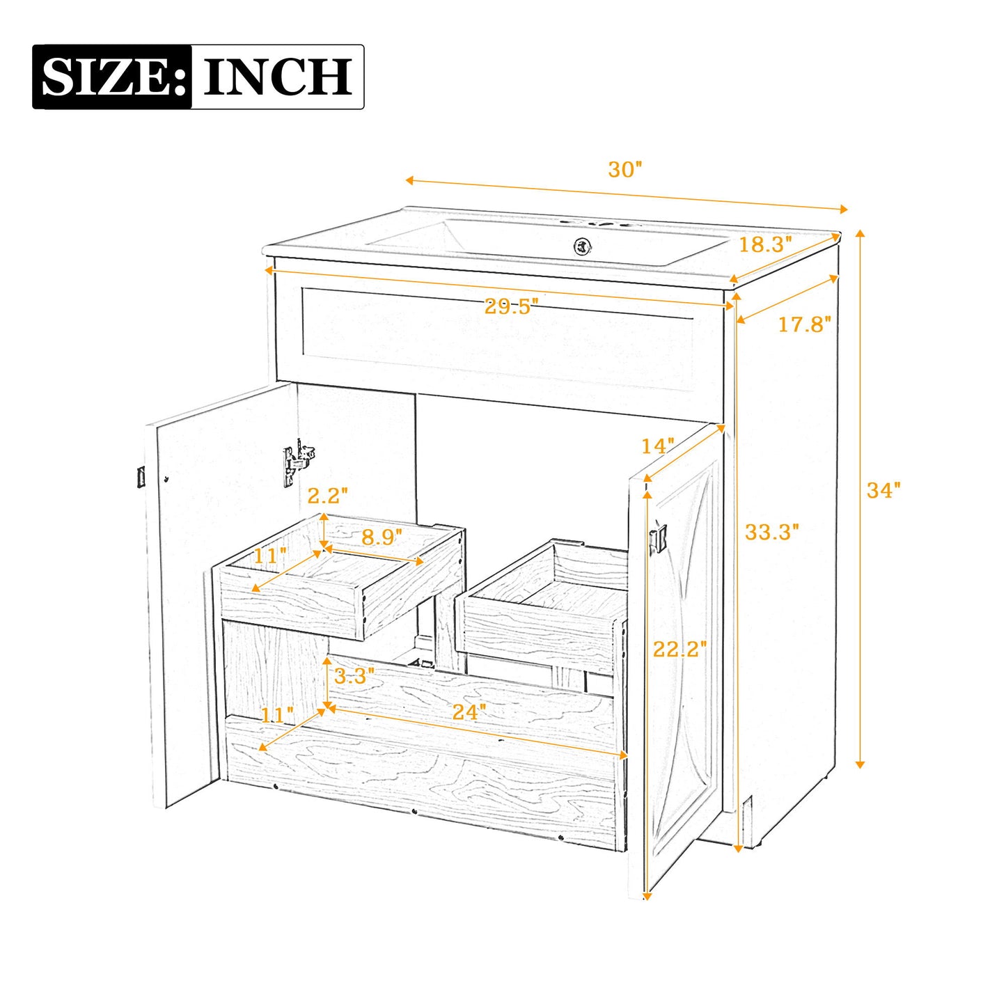 Bathroom Vanity With Sink, Freestanding Storage Cabinet With Handles, Soft Closing Doors
