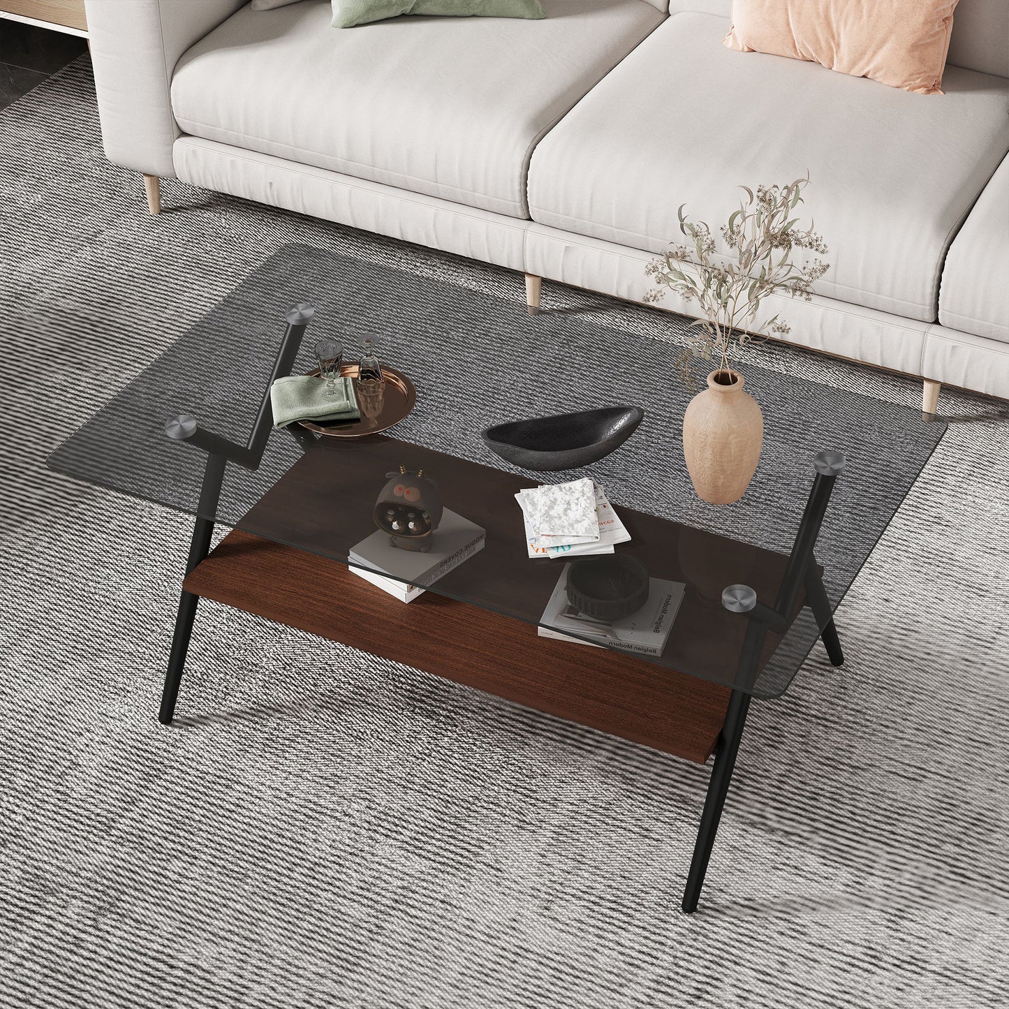Rectangle Coffee Table With Tempered Glass Top And Shelf, Modern Table For Living Room