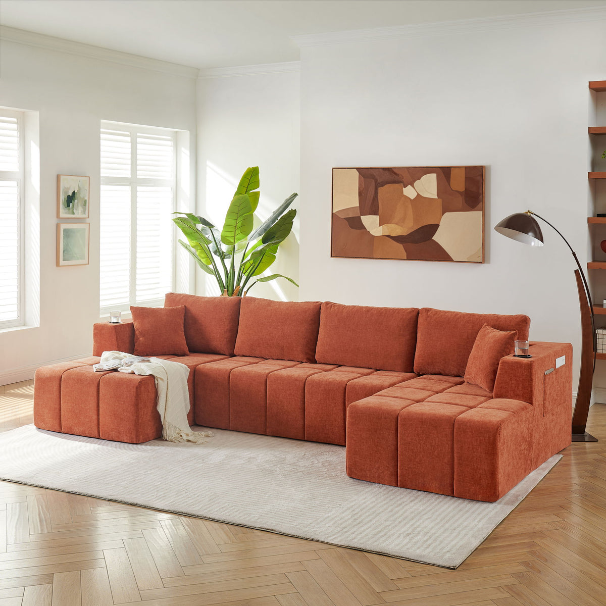 U - Shaped Sectional Sofa, Cup Holders & Side Pockets For Living Room