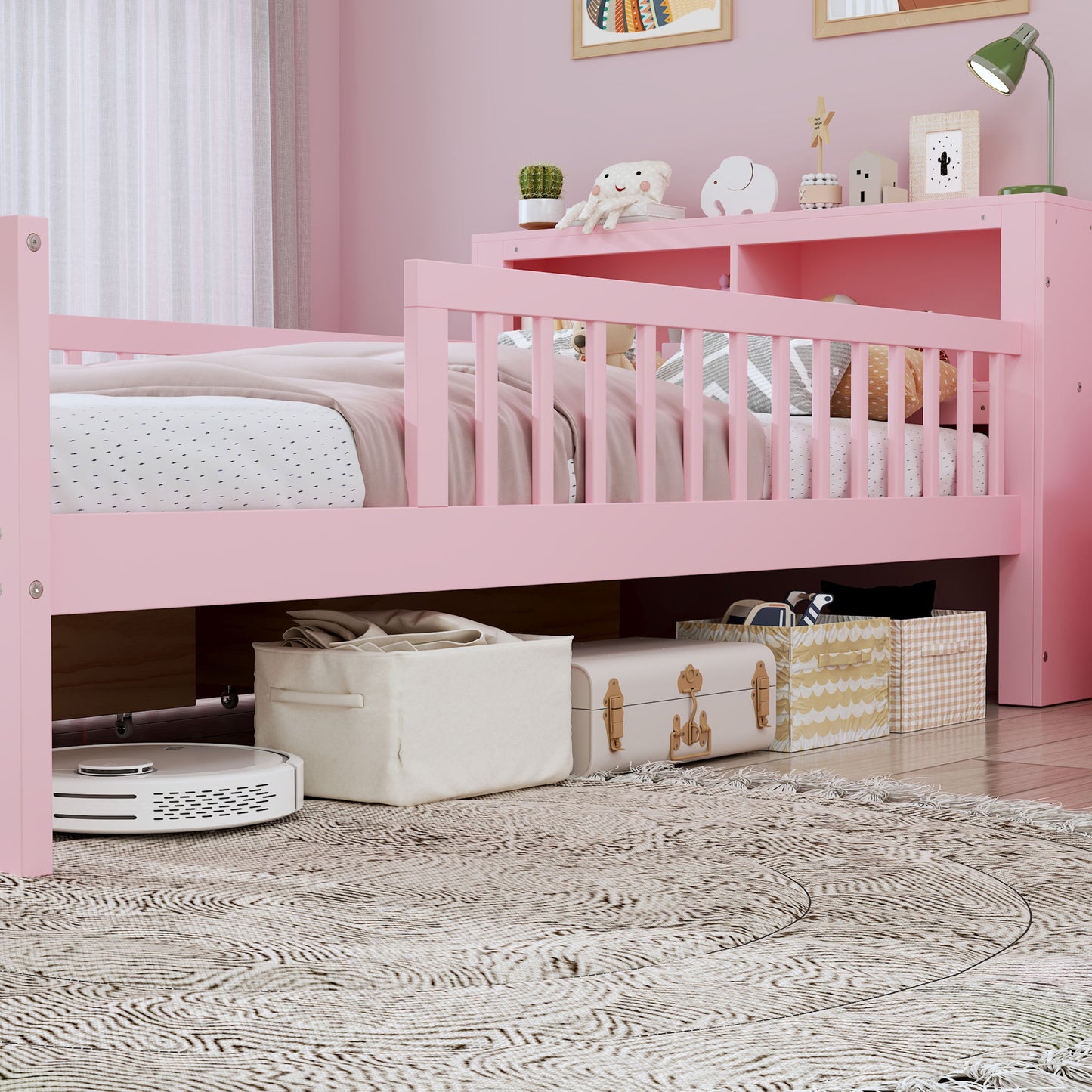 Bed With Headboard Storage Rack, 2 Under Bed Drawers, 3 Side Guardrails For Safety