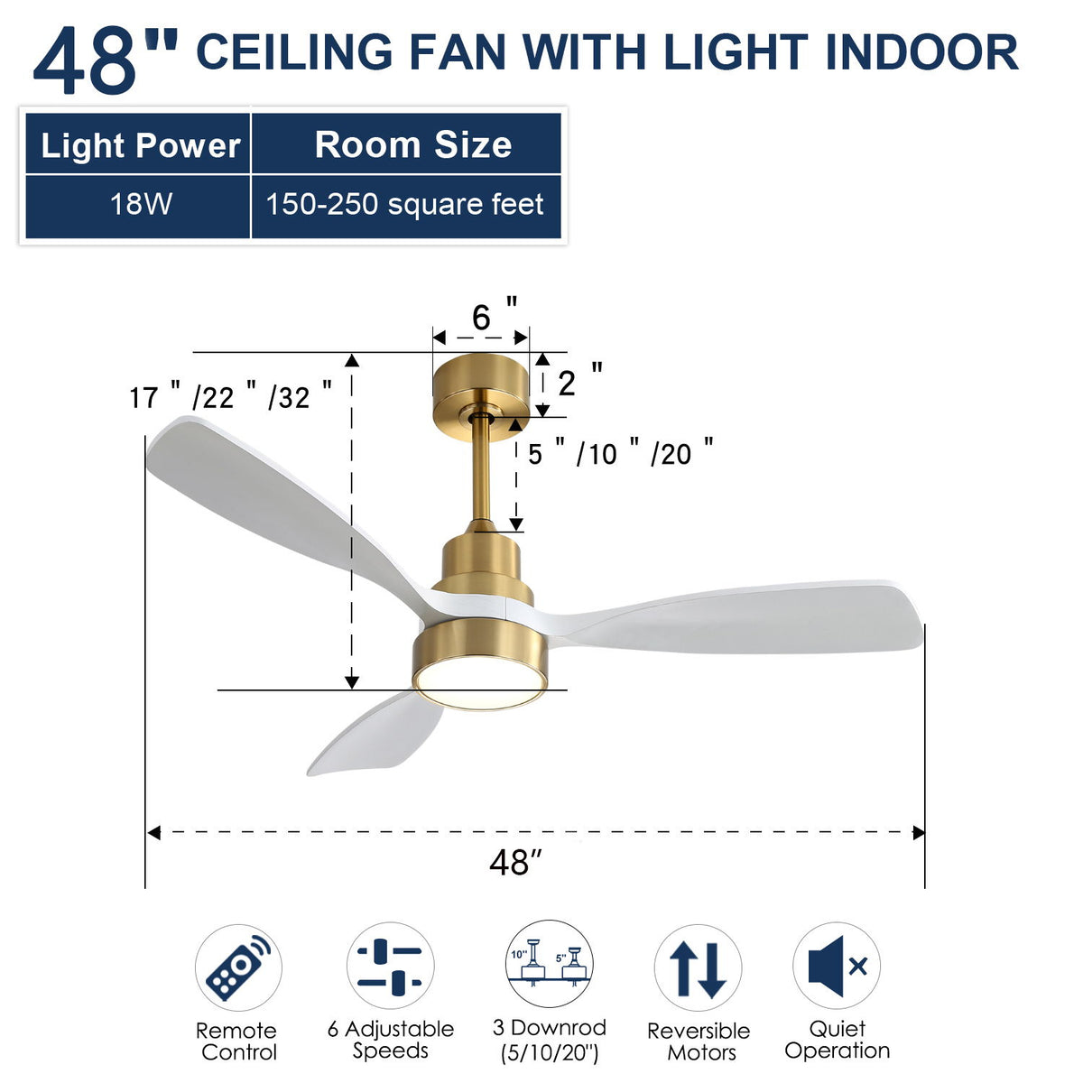 48" Ceiling Fan With 3 Blades, Remote Control Reversible DC Motor For Living Room
