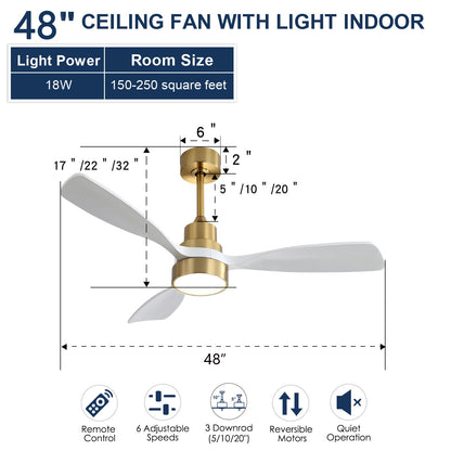 48" Ceiling Fan With 3 Blades, Remote Control Reversible DC Motor For Living Room