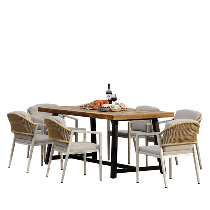 Outdoor Dining Set Acacia Wood Table With 6 Rattan Iron Chairs - Black / Natural / Gray