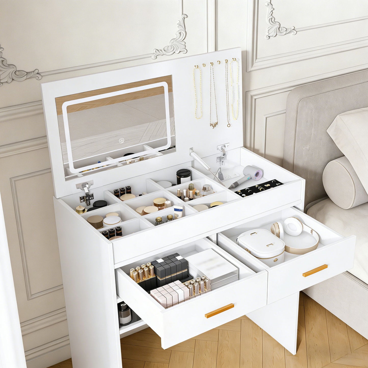 Flip Top Vanity Desk With LED Mirror & Outlet Makeup Table With 2 Drawers, Open Storage, And Jewelry Hooks - White