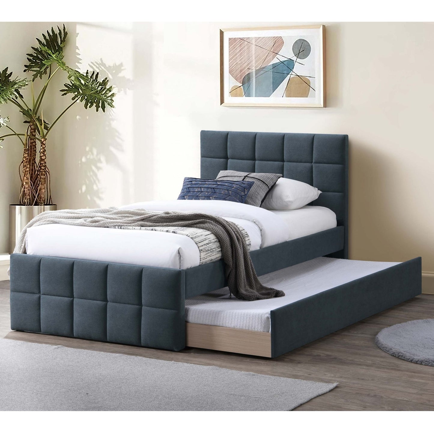 Contemporary Style Bed With Trundle Upholstered Headboard And Footboard Grid Pattern
