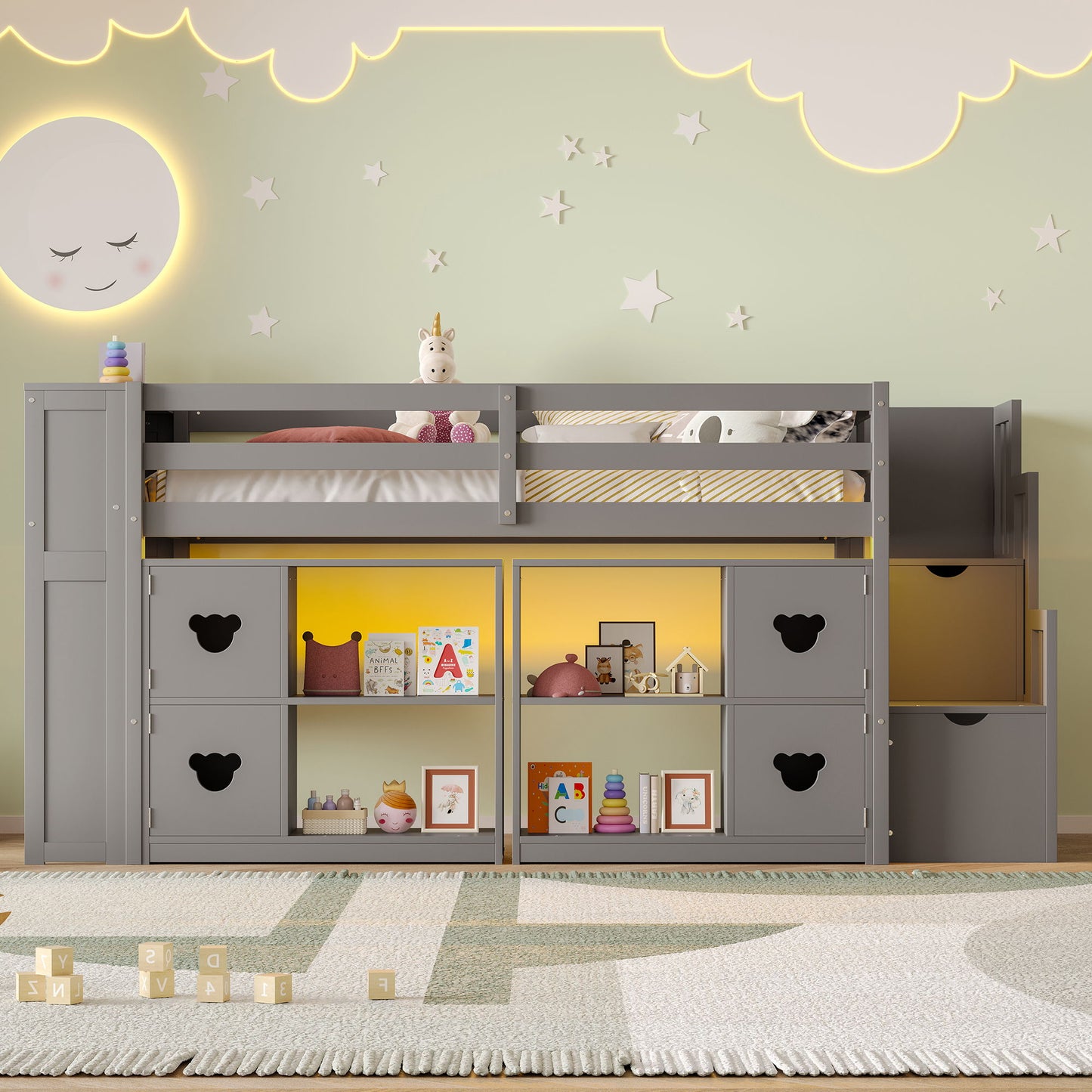 Loft Bed With Storage Cabinets, Staircase Drawers & LED Lights