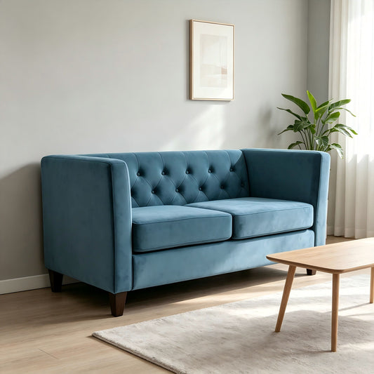 Button Tufted Velvet 3-Seater Sofa, Square Arm Upholstered Couch With Tapered Wood Legs, Mid-Century Tufted Large Sofa Furniture For Living Room