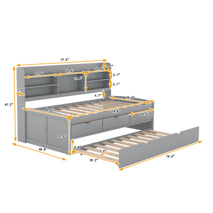 Captain Bed With Built In Bookshelves, 3 Storage Drawers, And Trundle