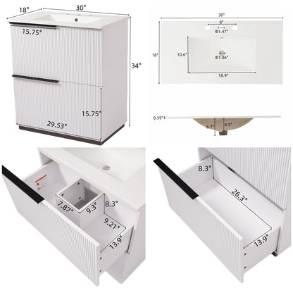 Fluted Bathroom Vanity With Ceramic Sink, Soft Close Slides