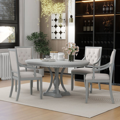 Trexm Retro 5-Piece Dining Set Extendable Round Table And 4 Chairs For Kitchen Dining Room (Antique Gray Oak)