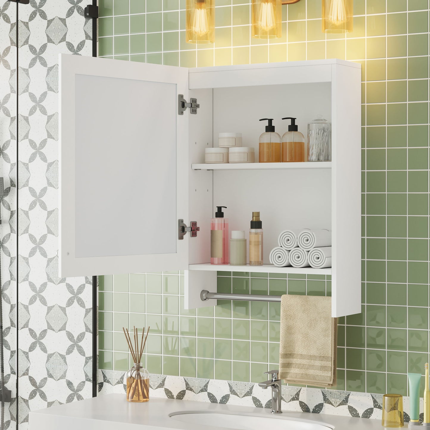 3 In 1 Wall Mounted Bathroom Mirror Cabinet With Adjustable Shelf, Soft Close Door, Mirror & Towel Bar - White